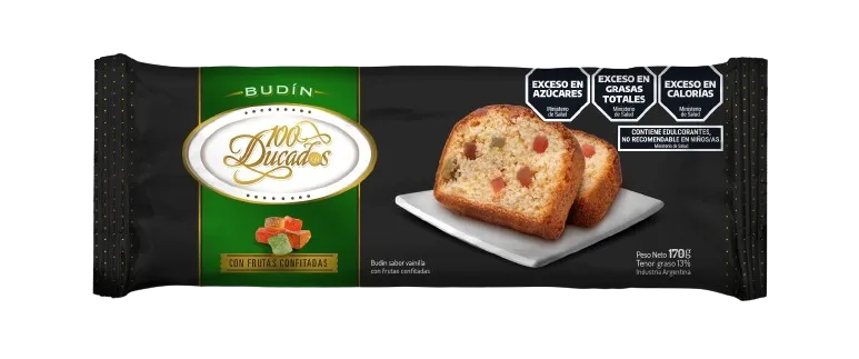 Budín de vainilla con frutas confitadas. Clásico y aromático.